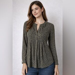 Ann Taylor Green & Black Printed Long Sleeve Blouse Size S Pleated Front